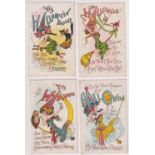 Postcards, Halloween, set of six embossed fantasy witches some with familiars, Halloween Series 981,