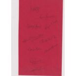 Football autographs, England 1966 World Cup Winners Sheet of red paper measuring 10.5" x 6" signed