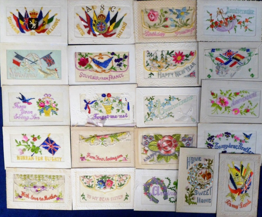 Postcards, a collection of 21 WWI embroidered silks incl. greetings, flags of the nations, blue