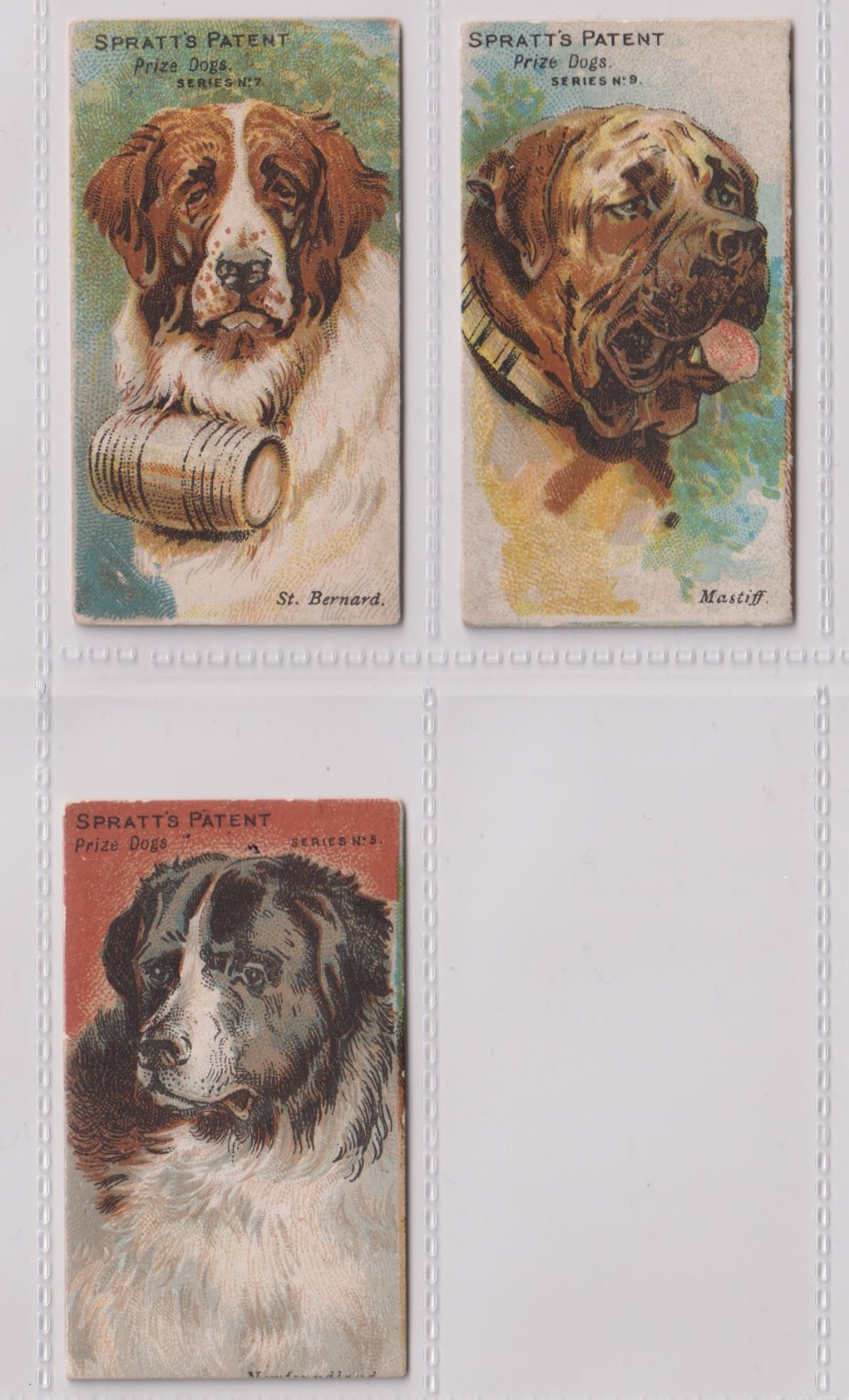 Trade cards, Spratt's, Prize Dogs, three cards, no 3 Newfoundland (slightly trimmed to bottom edge),