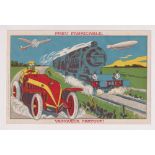 Postcard, Advertising, Motoring, 'Pneu Fabricable' tyres, artist drawn image showing car, train,