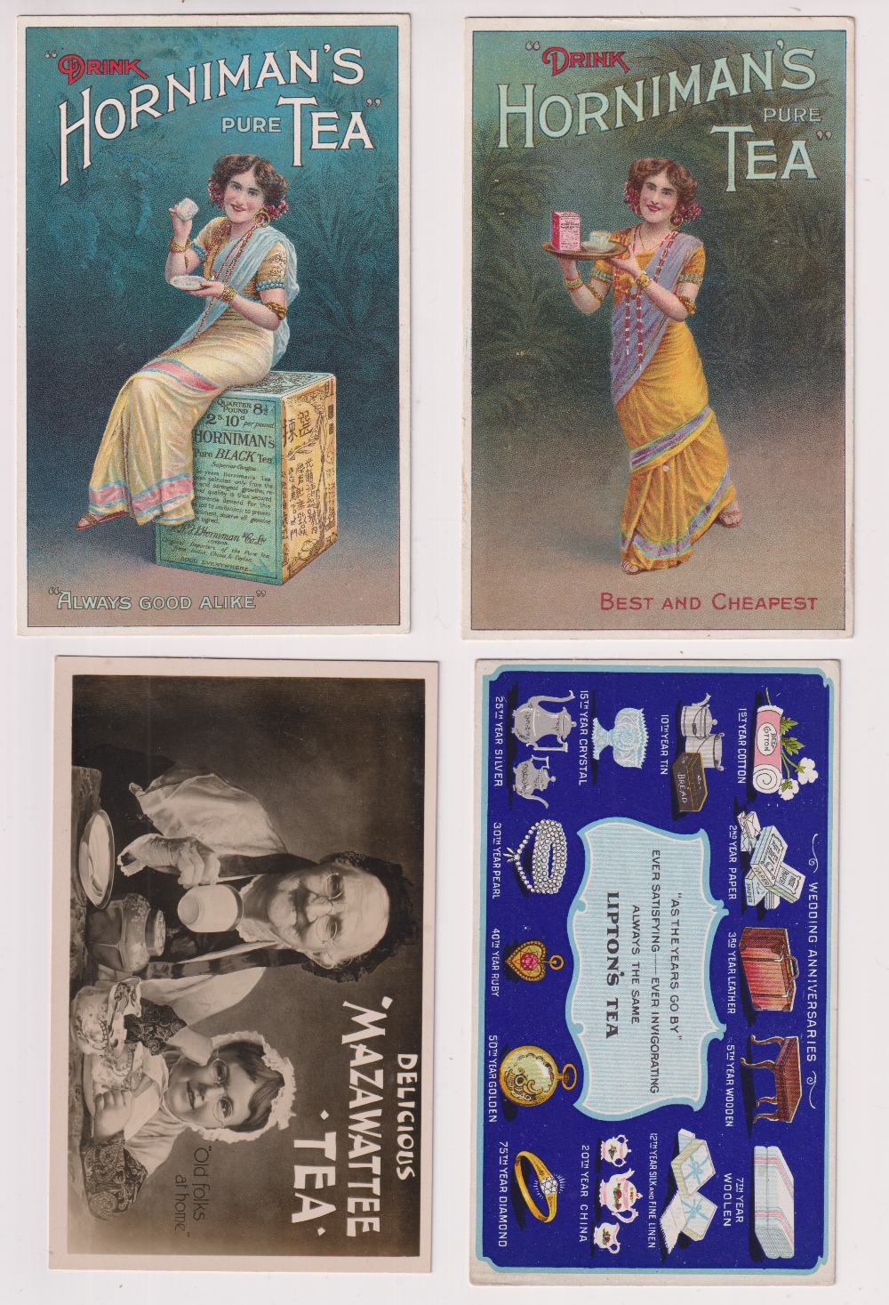 Postcards, Advertising, four tea advertising cards, Horniman's, two different each showing beauty