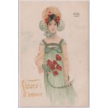 Postcard, Art Nouveau, a glamour card illustrated by Raphael Kirchner from 'Fleurs d'amour' series