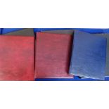 Cigarette card accessories, 3 large albums, 2 maroon and 1 blue, each with black card slip cases