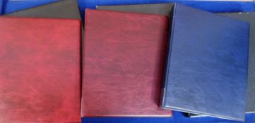 Cigarette card accessories, 3 large albums, 2 maroon and 1 blue, each with black card slip cases