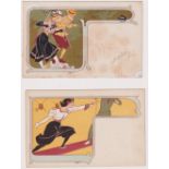 Postcards, a pair of Art Nouveau cards illustrated by Victor Mignot featuring couple fencing (age