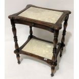 Modern teak two-tier marble top occasional table with single drawer, width 52cm