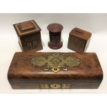 Victorian walnut veneered hinge lidded box with brass applied strapwork, width 27cm; together with a