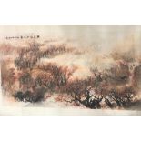 Large 20th Century Chinese ink scroll within stained wood case, painted with a landscape 69cm x