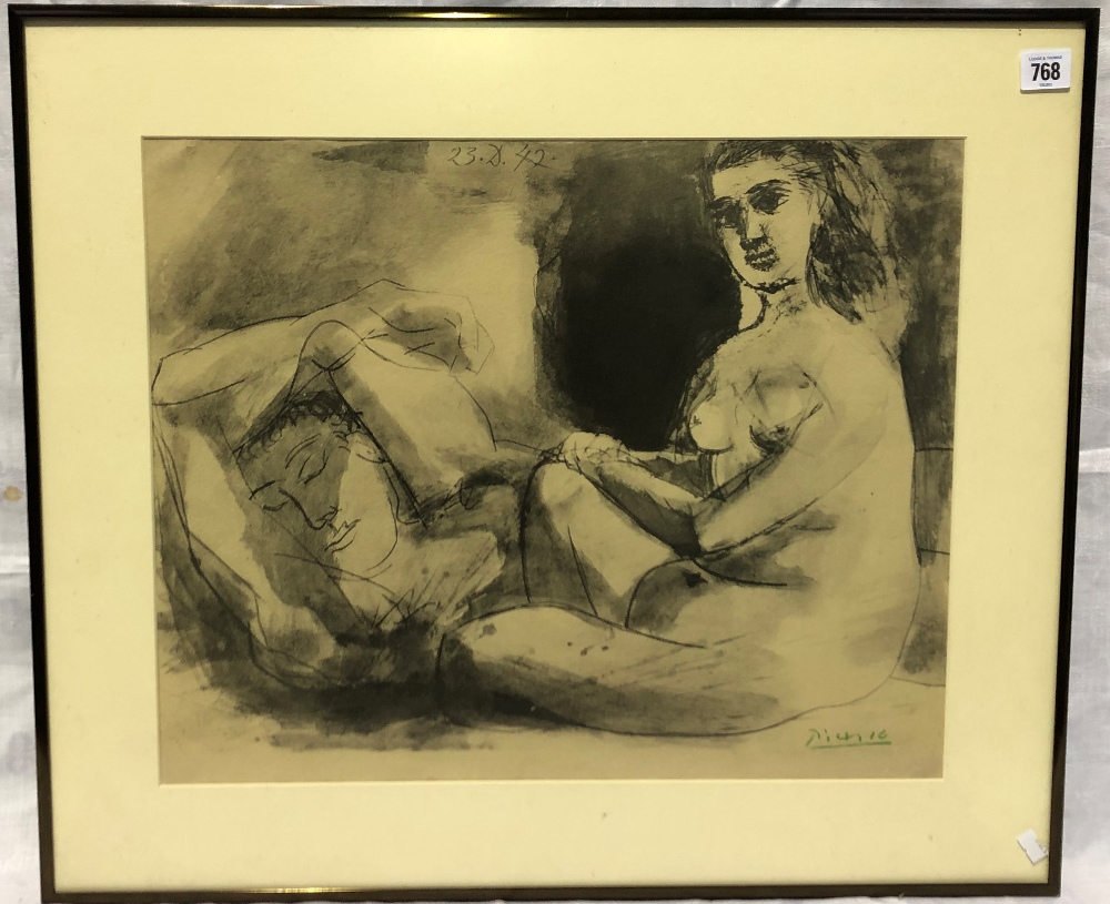 After Pablo Picasso Homme Couche et Femme Assise Lithograph With pochoir stencilled signature in