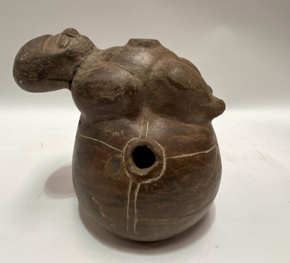 A possibly pre-Columbian, Chimu terracotta pot applied to the top with a figure on an ovoid base, - Image 2 of 3