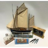 Collection of model boats including the Bismark in a bottle