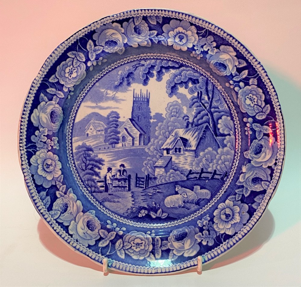 Early 19th Century pearlware blue and white transfer printed dish in the Village Church pattern,