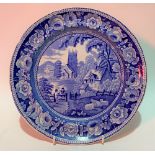 Early 19th Century pearlware blue and white transfer printed dish in the Village Church pattern,