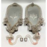 A pair of Venetian glass girondelle mirrors with etched glass plates (one sconce AF), height 32cm.