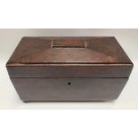 19th Century burr veneered tea caddy hinged to reveal three sections (glass mixing bowl missing),
