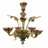 A Venetian glass five branch chandelier in light green and cranberry, height 58cm. (One leaf