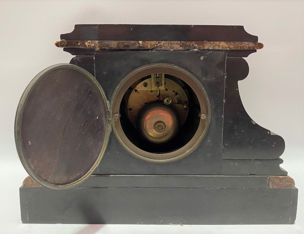 A black and red veined two train clock garniture, the 3.5 inch white enamel dial with roman - Image 4 of 4