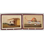 Set of twelve Indian gouache paintings on Mica, each painted with figures in work and recreational