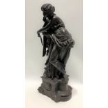 19th Century large bronzed spelter figure of a classically draped woman leaning on a column