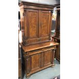 19th Century French burr walnut two-section cupboard, the top cupboard with pair of doors under a