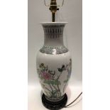 20th Century Chinese porcelain famille rose table lamp, foliate painted and with hard wood stand,