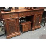Victorian mahogany twin pedestal desk, the moulded top over three drawers, the pedestals with leaf