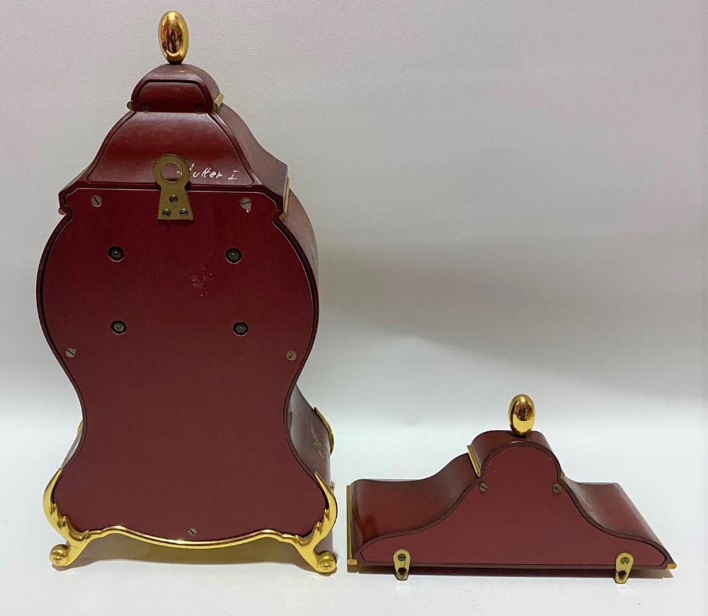 A modern French style two train bracket clock with red foliate painted case, the five inch brass - Image 3 of 3