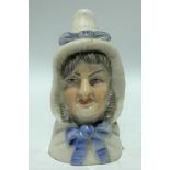 Royal Worcester candle snuffer depicting Mrs Caudle, puce printed marks, height 7cm.