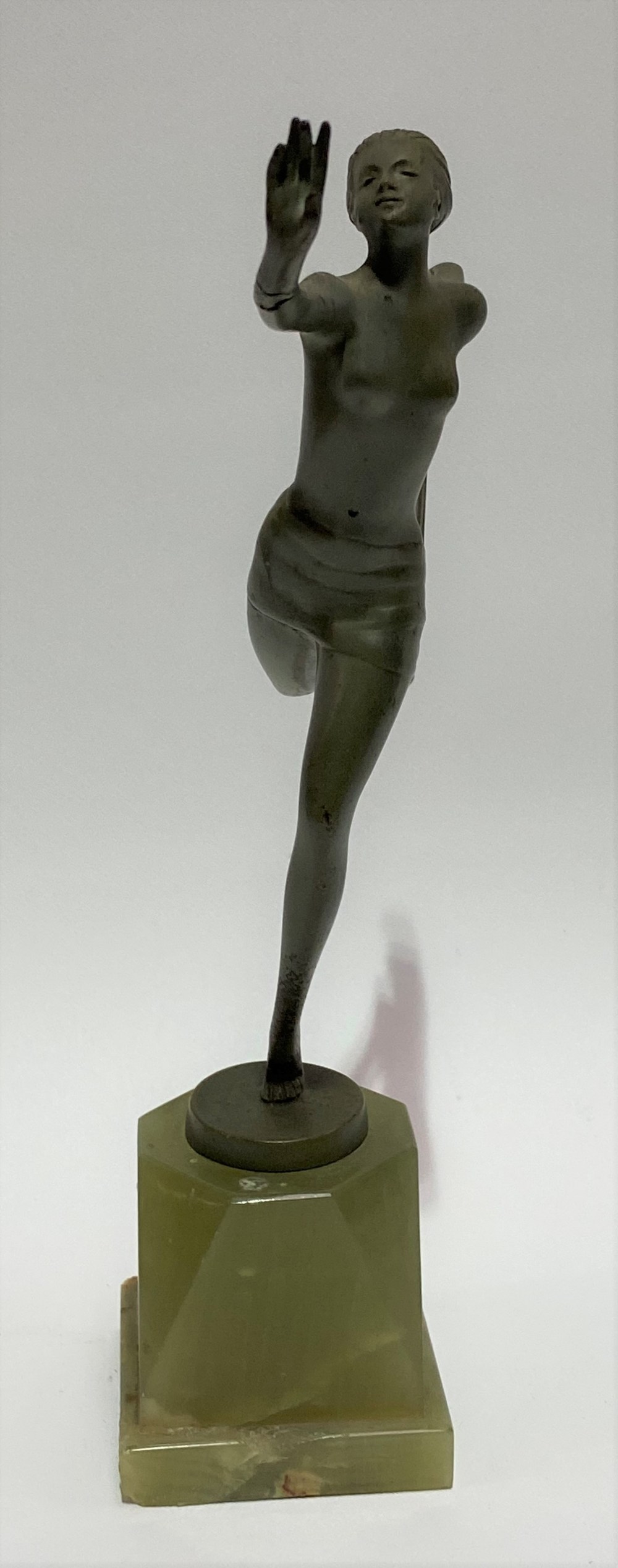 A Josef Lorenzl Art Deco bronze dancing girl upon green onyx base, the circular bronze plinth - Image 2 of 3