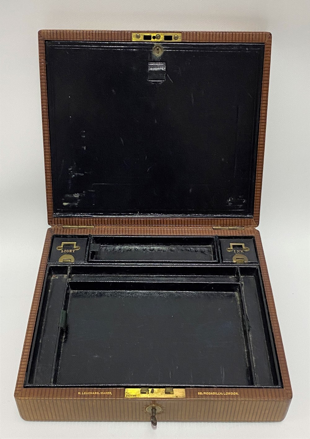 An Edwardian tooled leather writing box by W. Leuchars, maker, 38, Piccadilly, London, the brown - Image 2 of 6