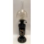 Unusual Victorian Jackfield Pottery oil lamp, of pedestal form and enamel decorated with birds