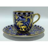 Coalport blue and white transfer printed and gilt decorated coffee cup and saucer, decorated with
