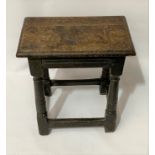 17th Century oak joint stool, the moulded rectangular top over ring turned supports and square