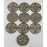 Ten George V one Florin coins, 0.500 silver, weight 110.4g approx.
