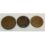 1835 East India Company one quarter Anna, 1834 East India Company half Anna and an 1864 Guernsey 4