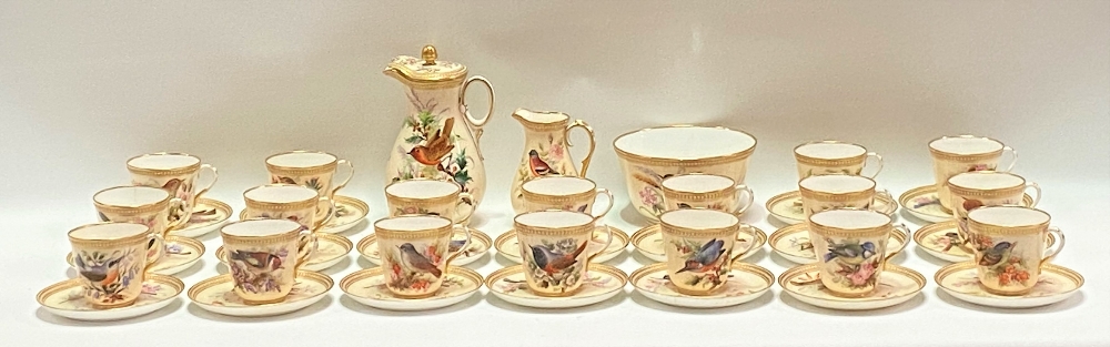 A good 19th Century Royal Worcester ornithological painted blush ivory part tea set, no. 8292,