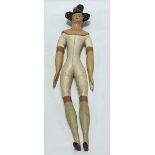 19th Century German papier mache head doll with leather stitched body and carved wood painted limbs,