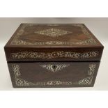 Victorian rosewood mother of pearl inlaid workbox, the hinged lid revealing a fitted pink velvet