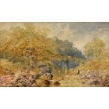 Follower of Birkett Foster River Landscape with Angler Watercolour Signed with monogram 30 x 50cm;