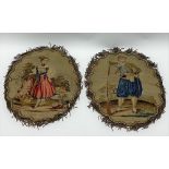 A pair of 19th Century needlework oval panels depicting an Eastern lady and gentleman in traditional