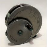 A rare Hardy Bros St George multiplier reel, 3 3/8inches, black handle on external casing with rim