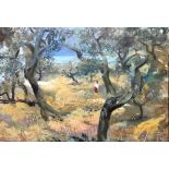 20th Century oil on board A figure in an olive grove 51cm x 73cm