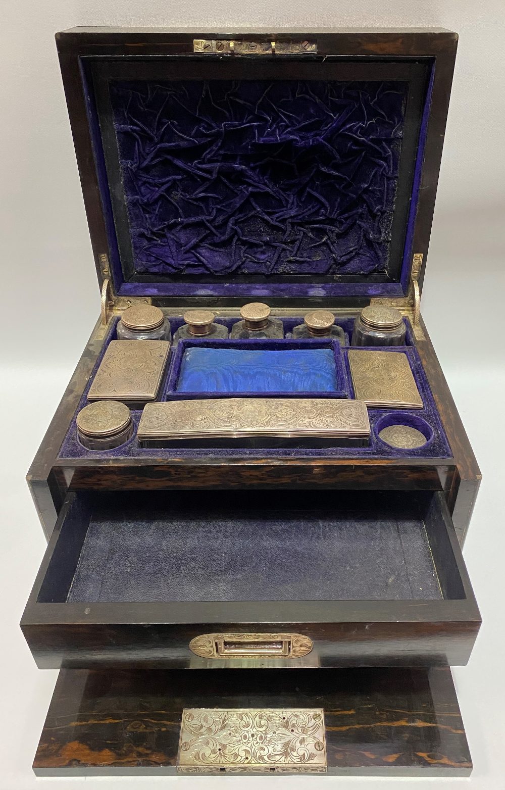 Victorian Coromandel brass inlaid vanity box, the hinged-lid revealing eight silver lidded bottles - Image 5 of 5