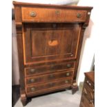 19th Century mahogany inlaid secretaire abattant, the moulded top over a long drawer and fall