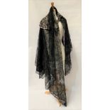 An antique black lace shawl, floral embroidered, 196 x 196cm, together with a black lace and gold