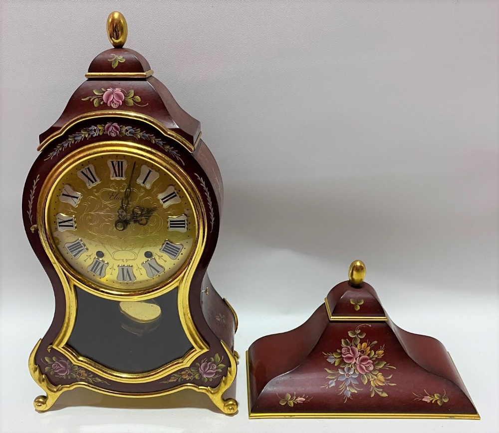 A modern French style two train bracket clock with red foliate painted case, the five inch brass