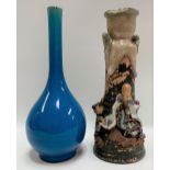 Japanese blue glazed bottle vase, height 24.5cm; together with a Japanese Sumida Gawa vase (rim
