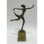 A Josef Lorenzl Art Deco bronze dancing girl upon green onyx base, the circular bronze plinth