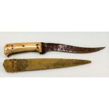 Indo-Persian dagger Kard with single edged T section curved blade and two piece walrus ivory grip